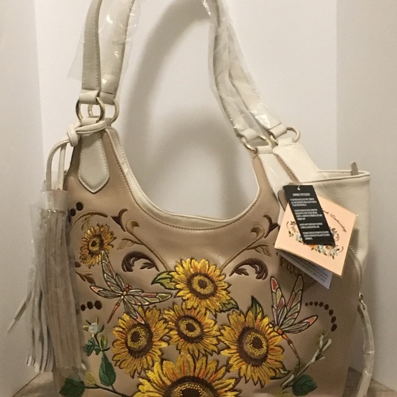 Brand New Sharif purse with embroidered sunflowers